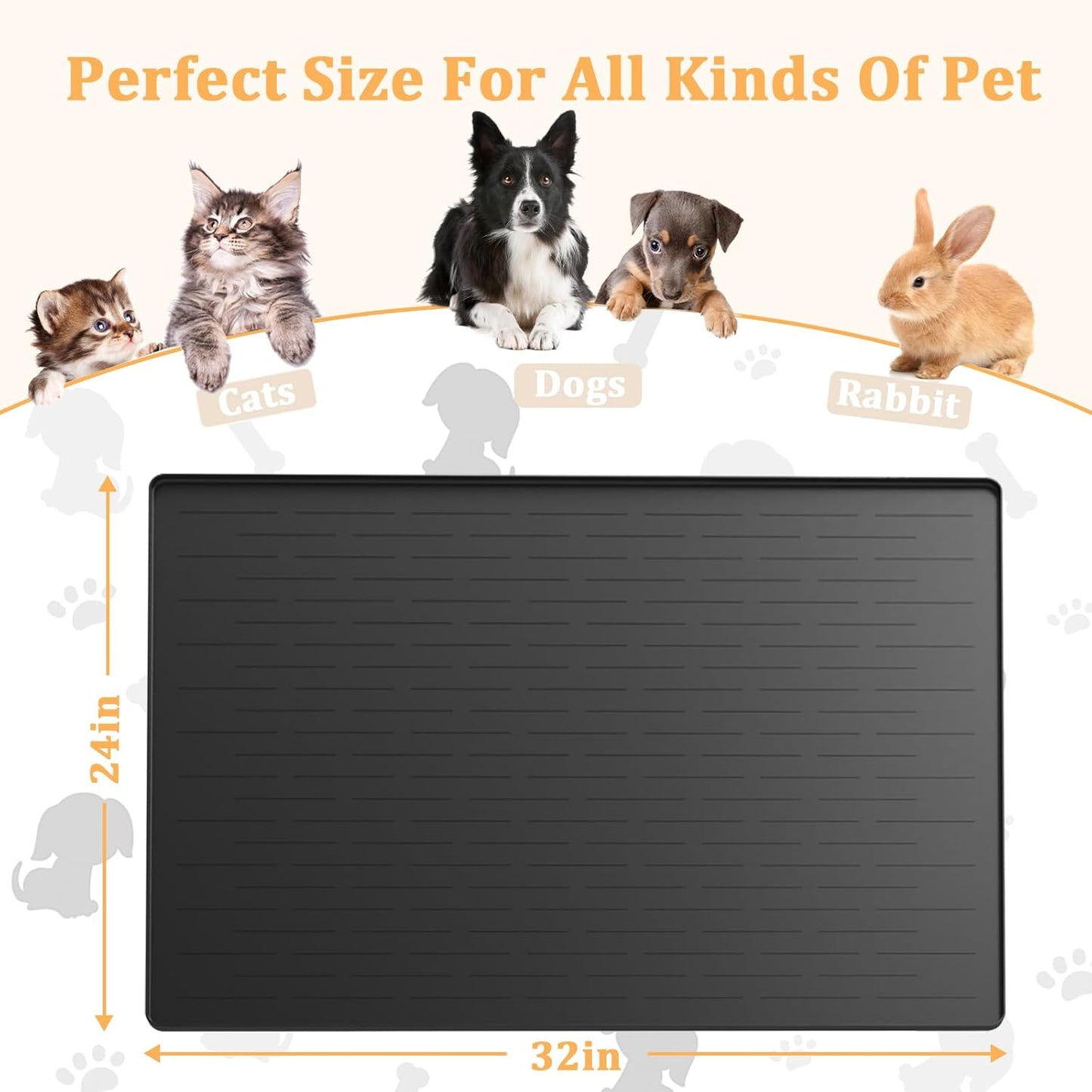 Large Waterproof Silicone Pet Feeding Mat - 32"X24", Non-Slip Durable Floor Protector for Dogs & Cats, Easy to Clean, Prevents Spills, Stylish Black