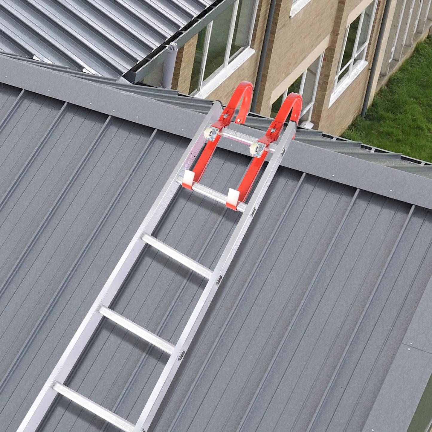 2 Pack Heavy-Duty Ladder Roof Hooks with 360° Rotating Wheel & Foam Grip - 500 Lbs Ladder Stabilizer for Maximum Safety - Orange