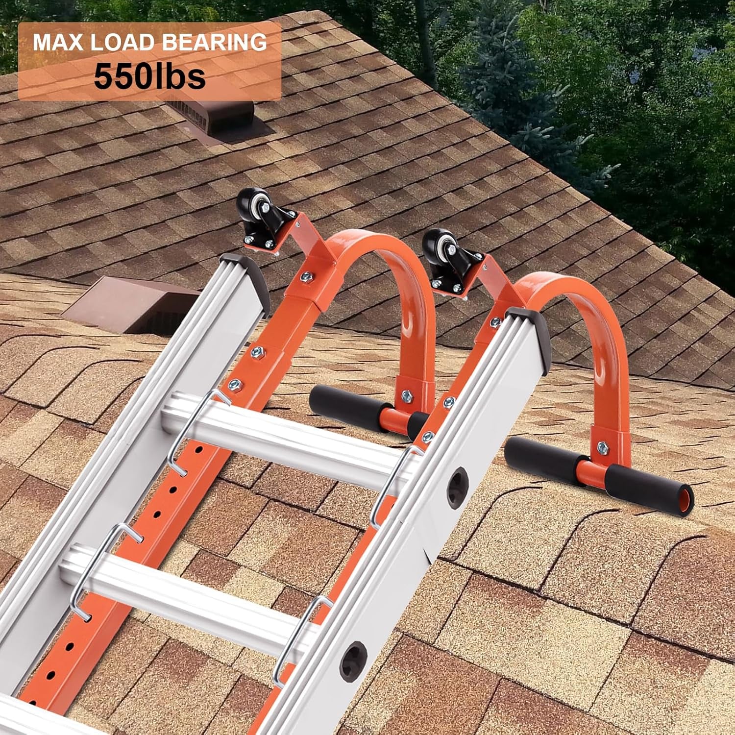 Heavy Duty Roof Ladder Hook Set with Wheels - 500 Lb Limit, Rubber Grip T-Bar Stabilizers - 2 Pack for Safe & Secure Ladder Access