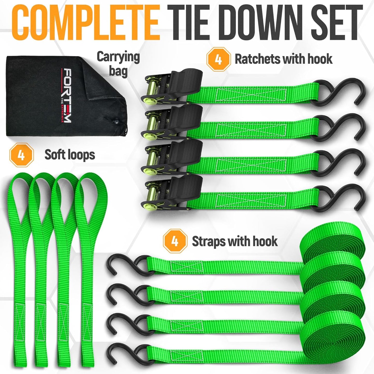 Ratchet Straps, 1650Lb Break Strength, 4 Pack 15Ft X 1In Tie down Strap Set, 4 Soft Loops, Motorcycle Straps Tie Downs, Cargo Cam Buckles for Trucks, Rubber Handles, Carry Bag