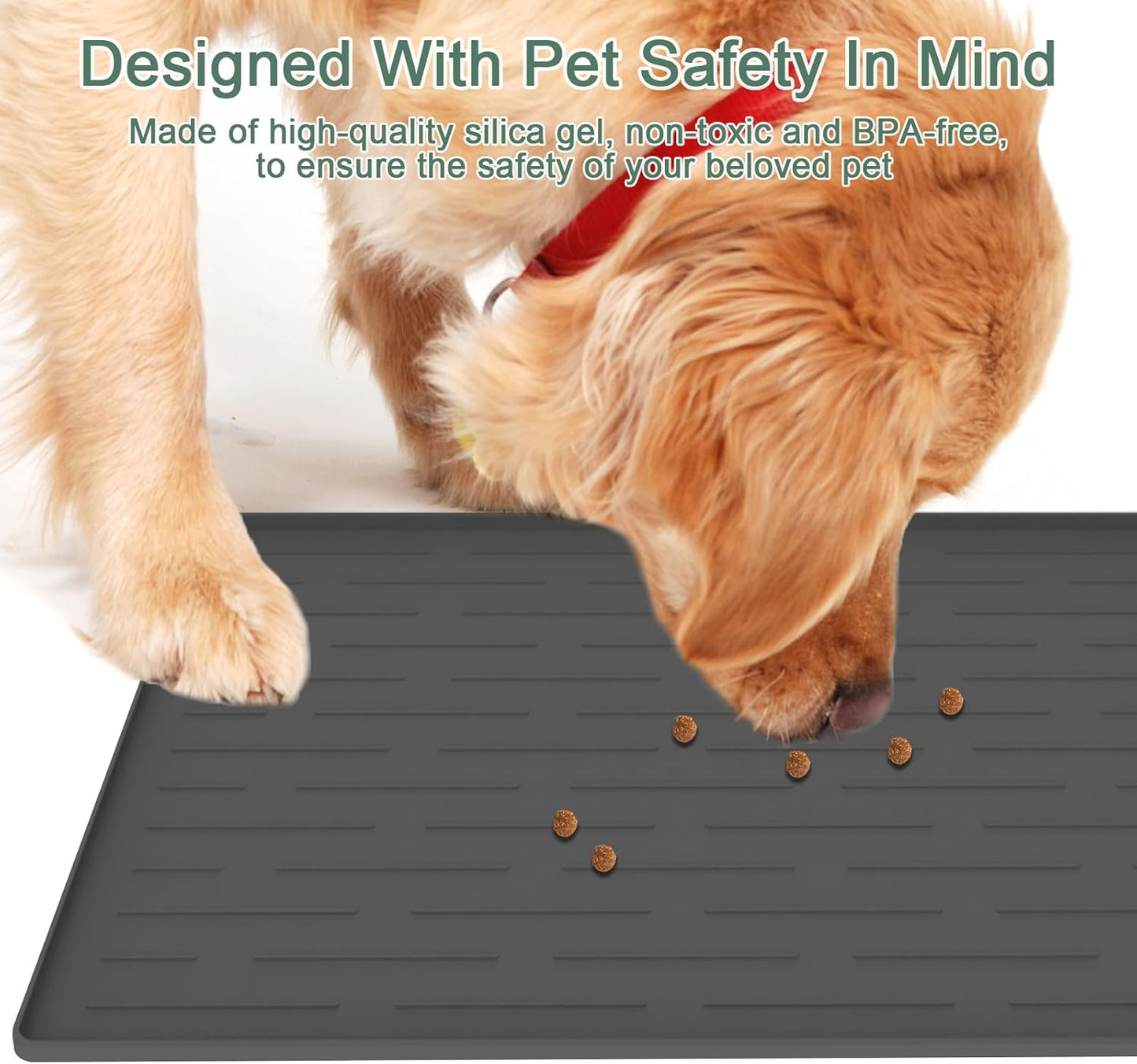 Waterproof Silicone Pet Feeding Mat for Dogs & Cats - 16" x 10" Non-Slip Design with Raised Edges to Contain Spills, Easy to Clean, Beige Gray