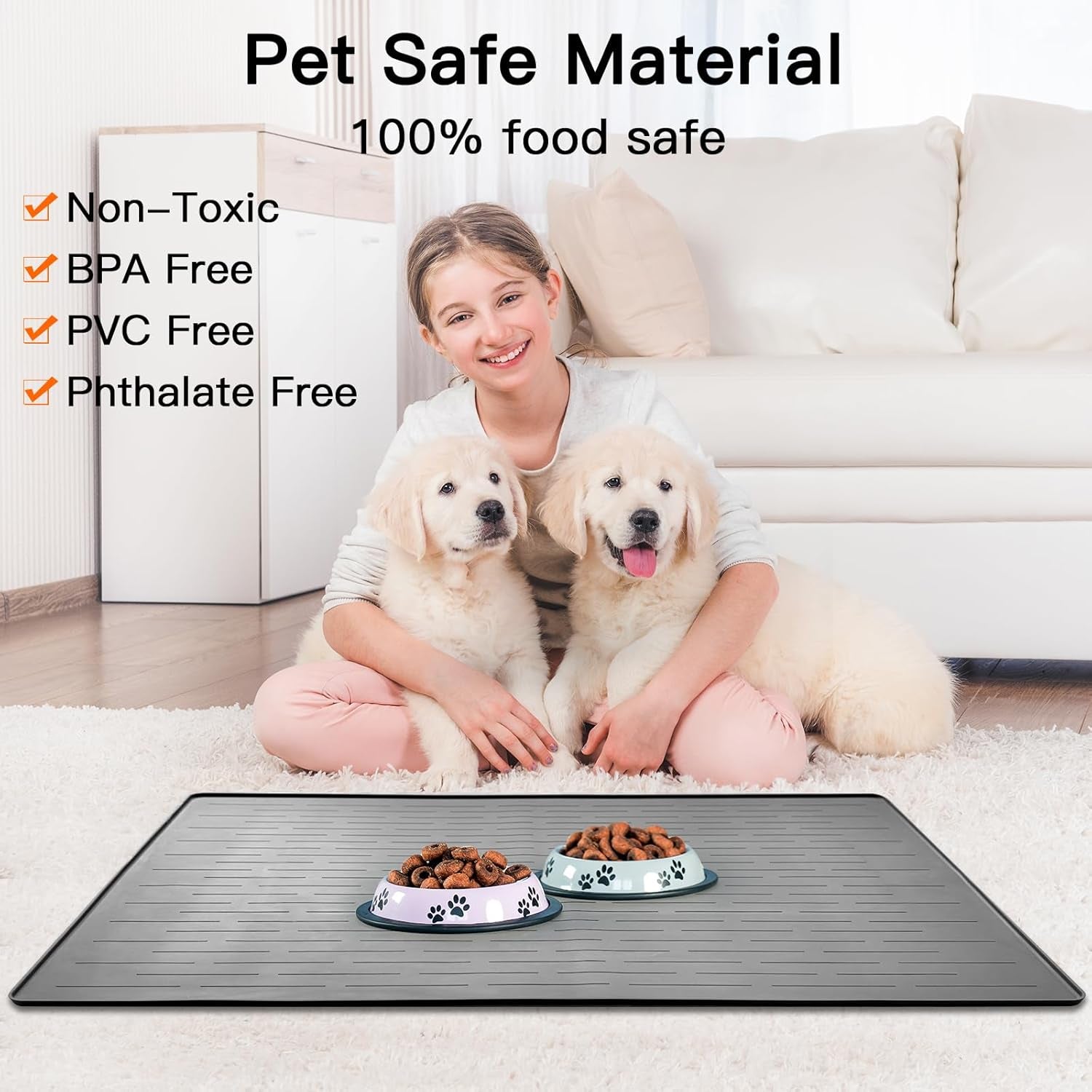 Extra Large Dark Green Silicone Pet Food Mat - Nonslip Dog & Cat Feeding Mat with Raised Edges for Food and Water Spill Protection - 32" x 24