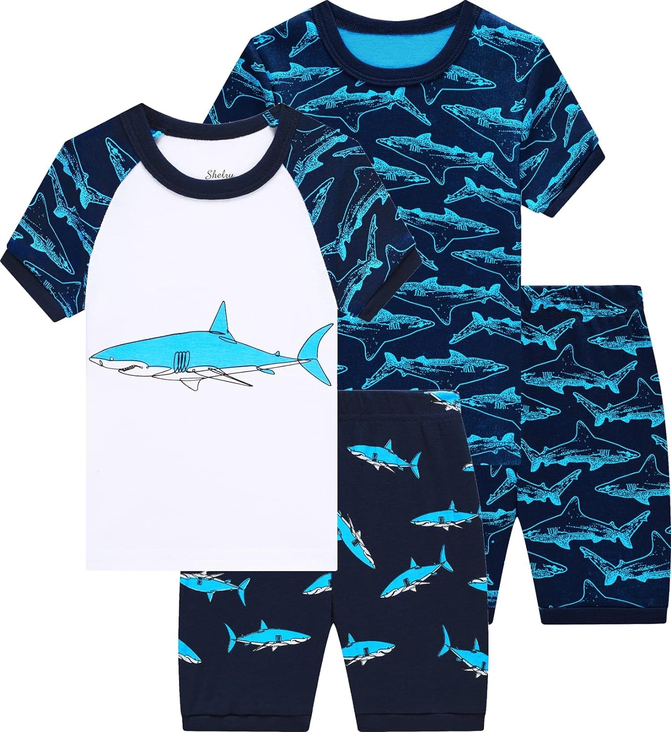 Adorable Toddler Shark Pajamas - 4-Piece Cotton Summer Set for Little Boys, Size 6