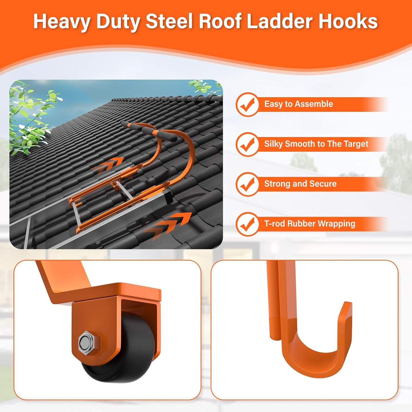 Heavy Duty Ladder Hooks for Roof Stabilization - 2 Pack with Wheels & T-Bar Rubber Grip for Safe, Easy Access to Steep Roofs