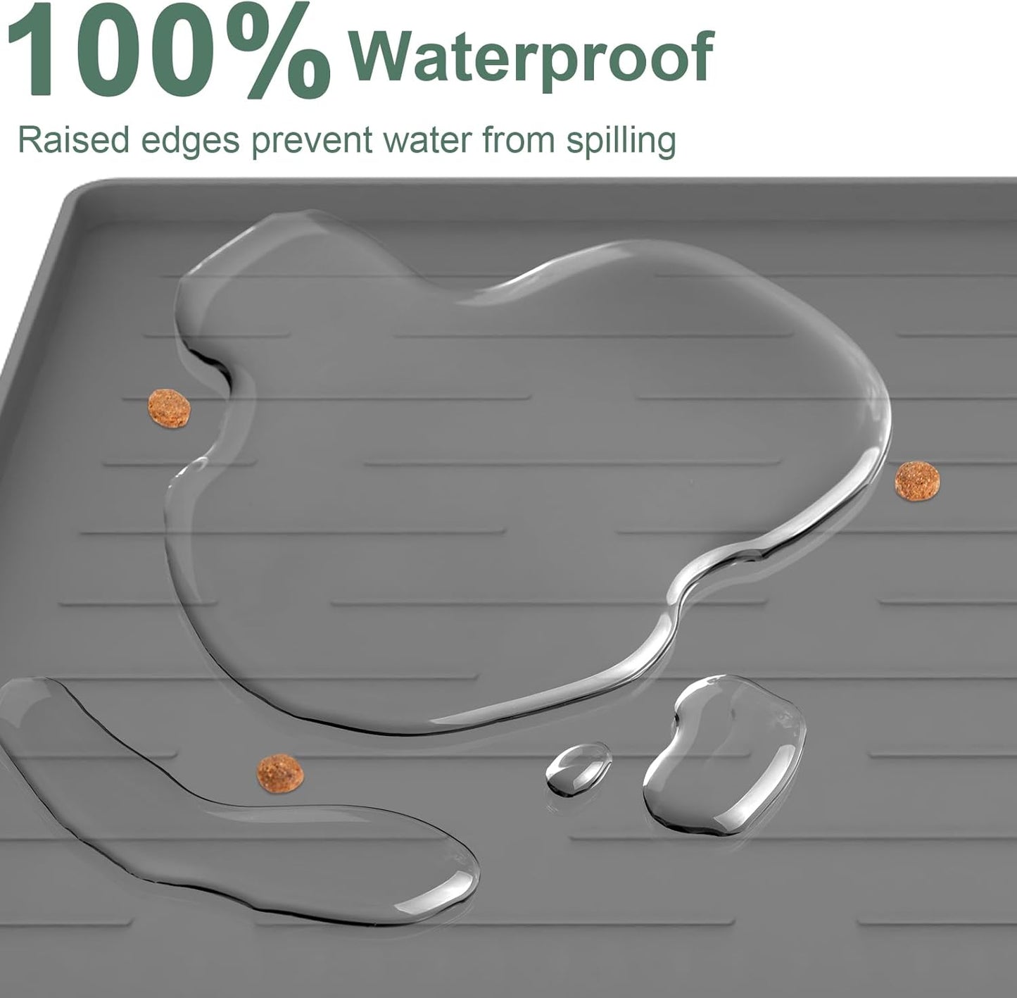 Waterproof Silicone Pet Feeding Mat for Dogs & Cats - 16" x 10" Non-Slip Design with Raised Edges to Contain Spills, Easy to Clean, Beige Gray