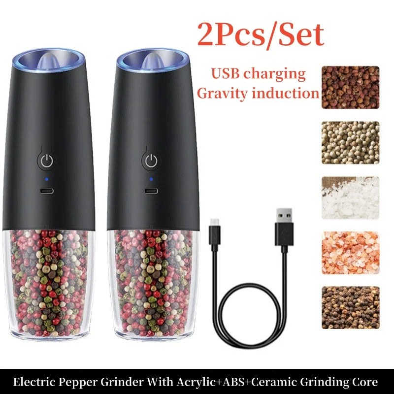 Gravity Induction Electric Salt and Pepper Grinder Set - USB Rechargeable Spice Shakers for Effortless Seasoning