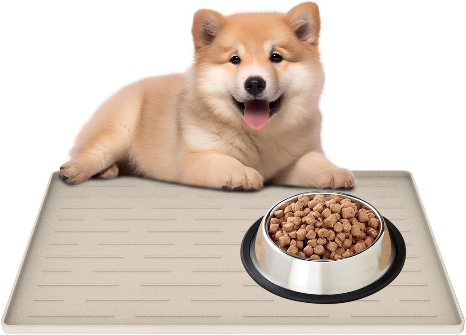 Waterproof Silicone Pet Feeding Mat for Dogs & Cats - 16" x 10" Non-Slip Design with Raised Edges to Contain Spills, Easy to Clean, Beige Gray