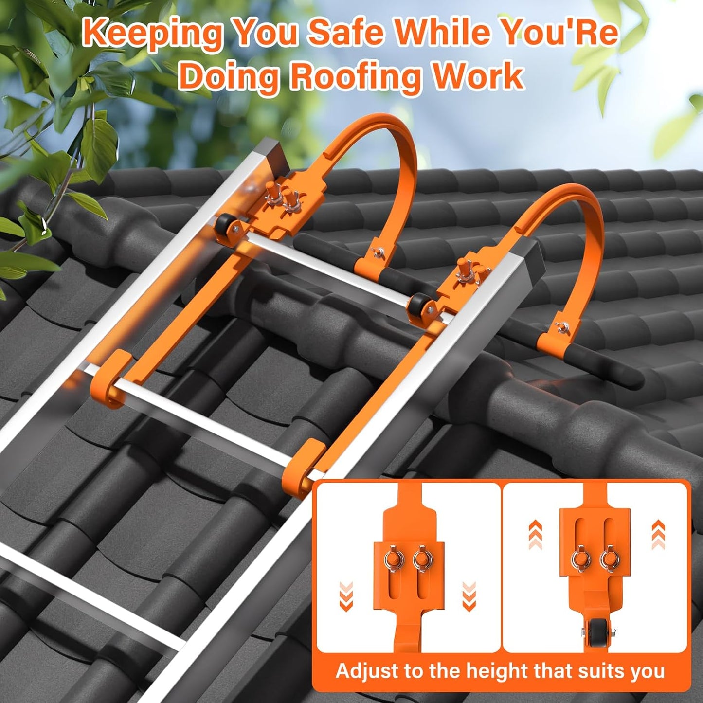 Heavy Duty Ladder Hooks for Roof Stabilization - 2 Pack with Wheels & T-Bar Rubber Grip for Safe, Easy Access to Steep Roofs