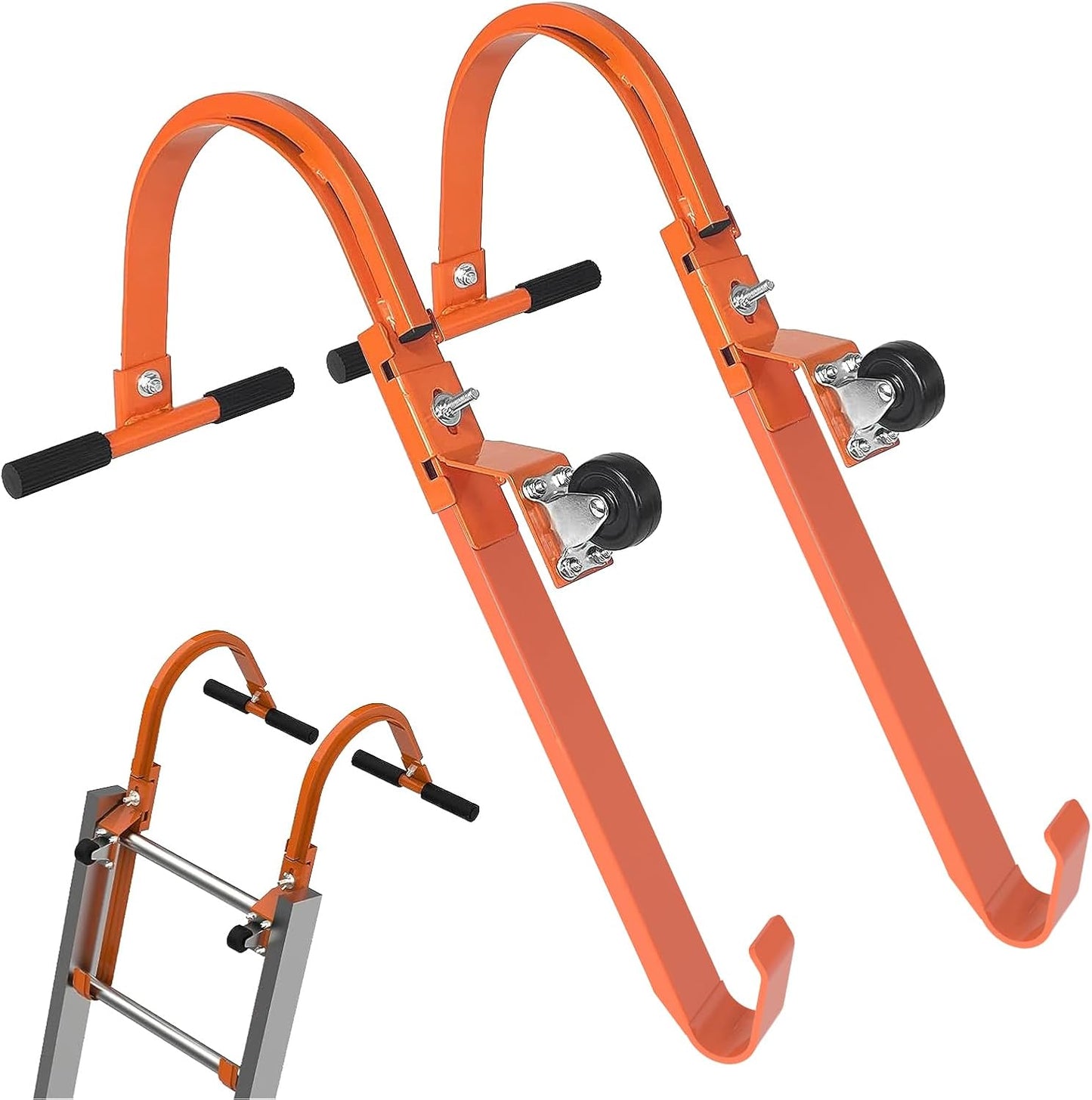 2 Pack Heavy Duty Steel Ladder Roof Hook with Wheel - Ultimate Stabilizer for Safe Access to Steep Roofs, 500 Lbs Weight Rating, Rubber Grip T-Bar for Damage Prevention, Easy Installation (Patent)