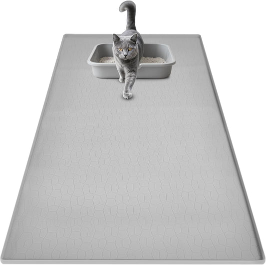 Extra Large Cat Litter Mat - 34"X22" Waterproof & Non-Slip Silicone Pad with Raised Edges for Easy Cleanup - Ideal for Litter Boxes & Urine Protection (Grey)