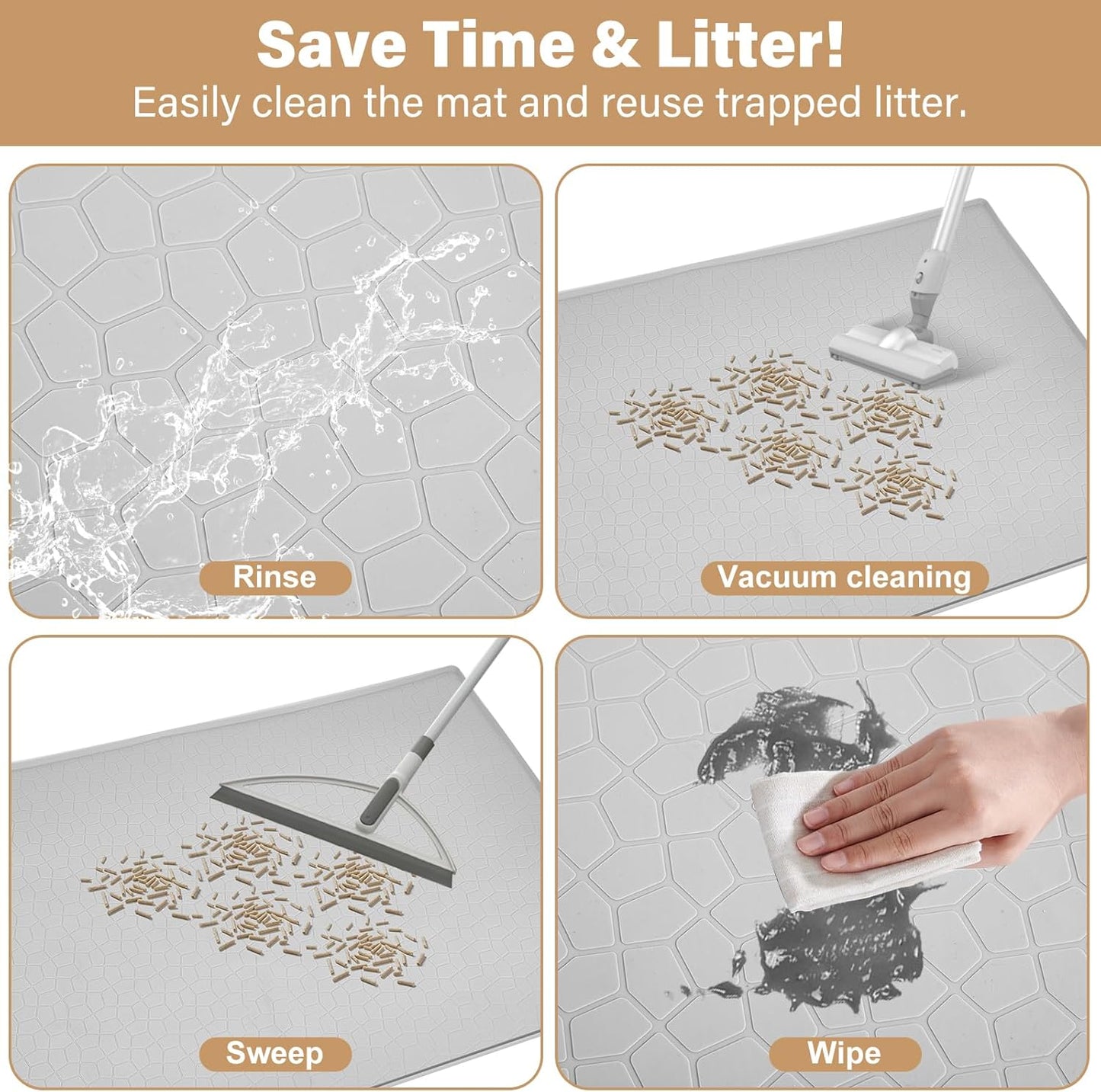 Extra Large Cat Litter Mat - 34"X22" Waterproof & Non-Slip Silicone Pad with Raised Edges for Easy Cleanup - Ideal for Litter Boxes & Urine Protection (Grey)