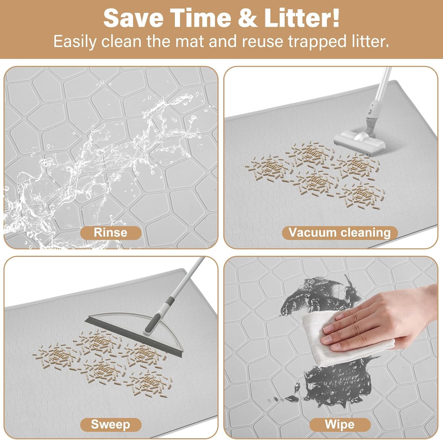 Extra Large Cat Litter Mat - 34"X22" Waterproof & Non-Slip Silicone Pad with Raised Edges for Easy Cleanup - Ideal for Litter Boxes & Urine Protection (Grey)