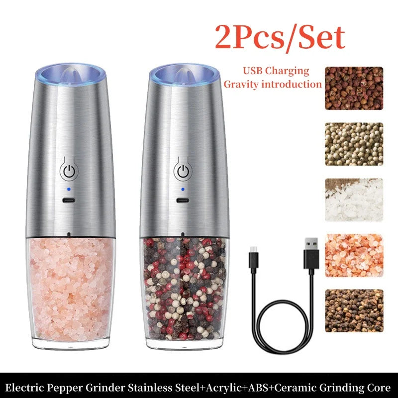 Gravity Induction Electric Salt and Pepper Grinder Set - USB Rechargeable Spice Shakers for Effortless Seasoning