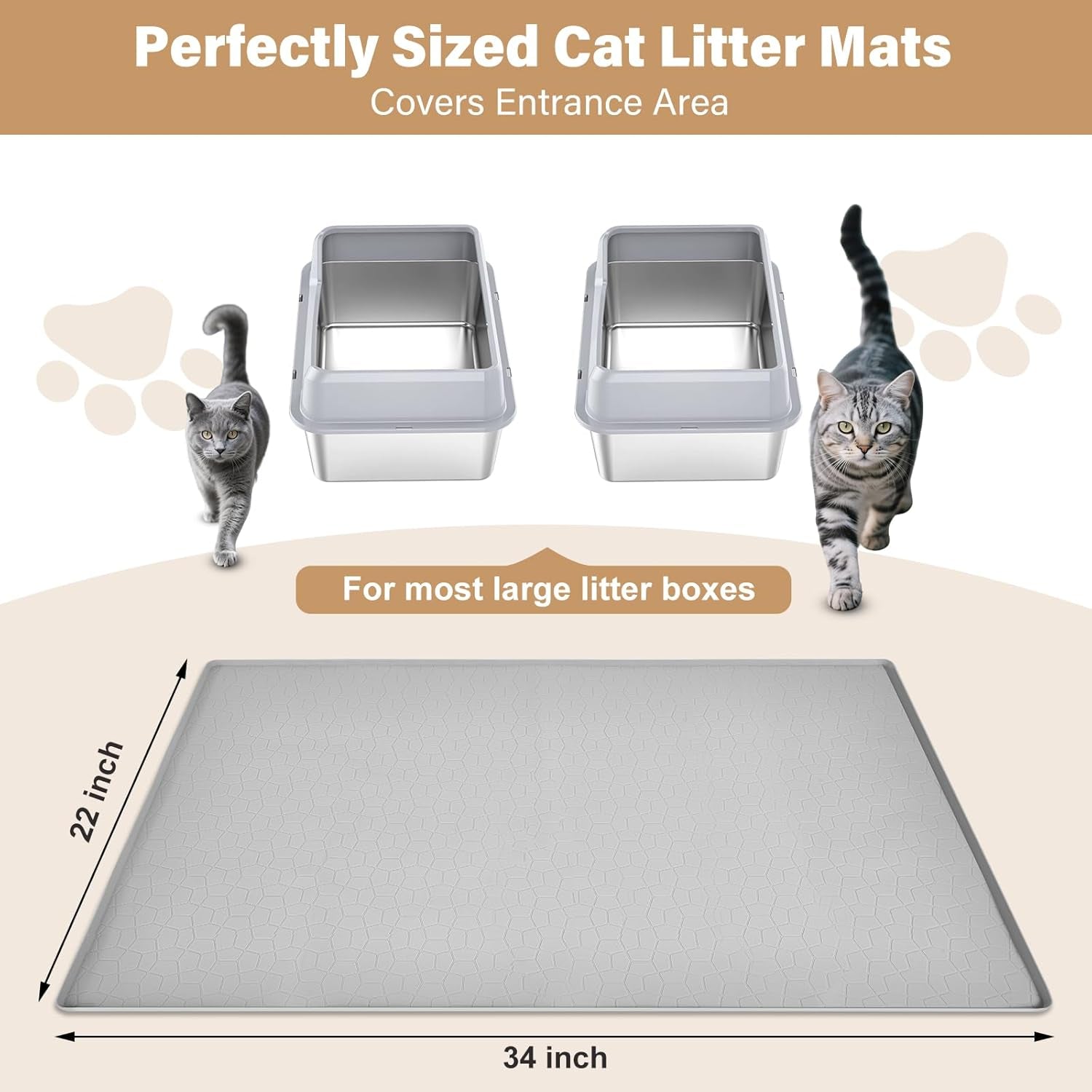 Extra Large Cat Litter Mat - 34"X22" Waterproof & Non-Slip Silicone Pad with Raised Edges for Easy Cleanup - Ideal for Litter Boxes & Urine Protection (Grey)