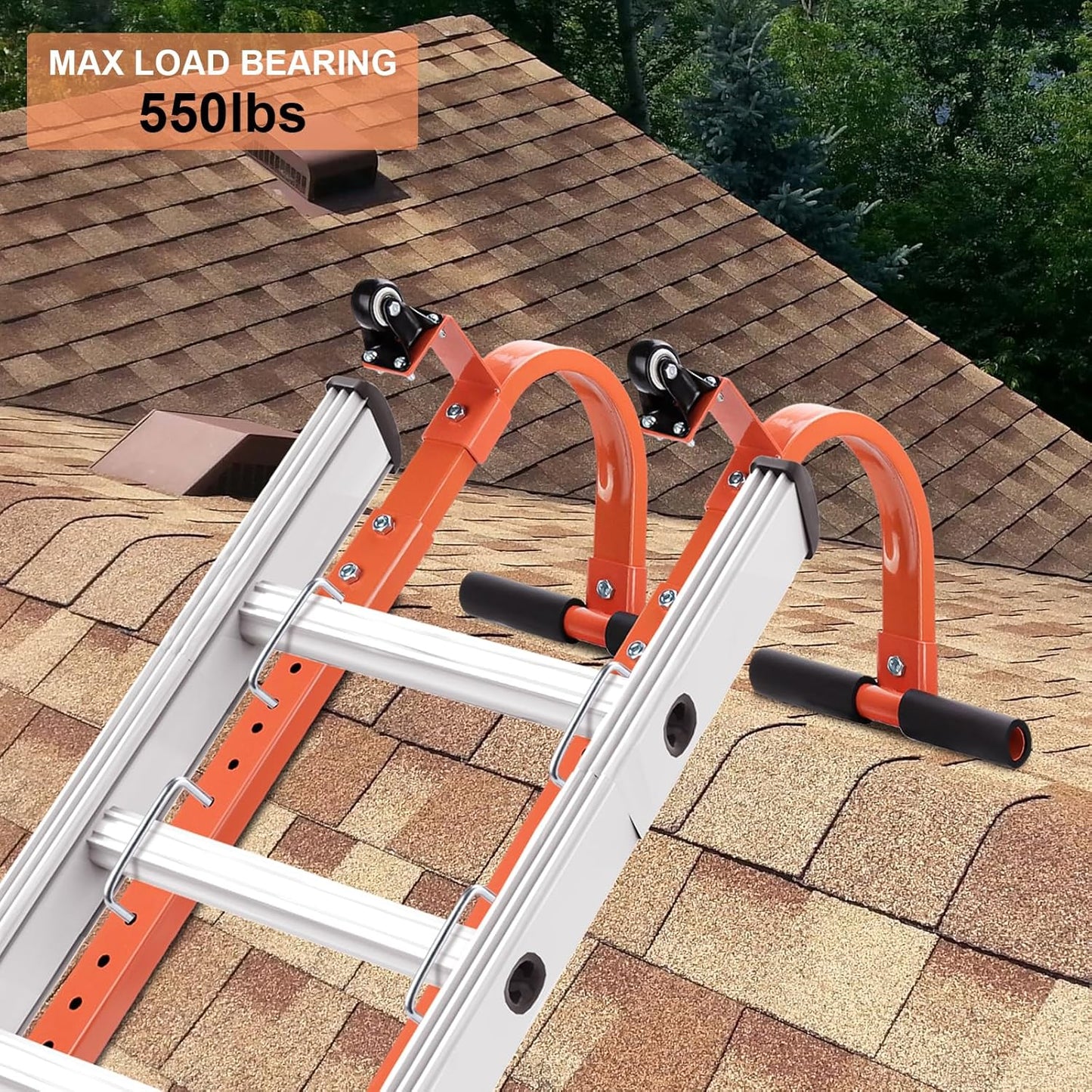 Heavy Duty Roof Ladder Hook Set with Wheels - 500 Lb Limit, Rubber Grip T-Bar Stabilizers - 2 Pack for Safe & Secure Ladder Access