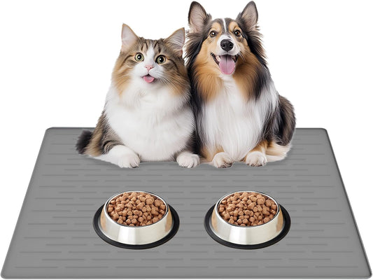 Large 32"x24" Waterproof Silicone Pet Feeding Mat - Non-Slip Dog & Cat Bowl Mat for Food & Water - Durable Spill Protector & Easy to Clean - Light Gray