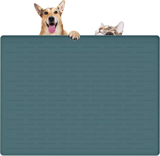 Extra Large Dark Green Silicone Pet Food Mat - Nonslip Dog & Cat Feeding Mat with Raised Edges for Food and Water Spill Protection - 32" x 24