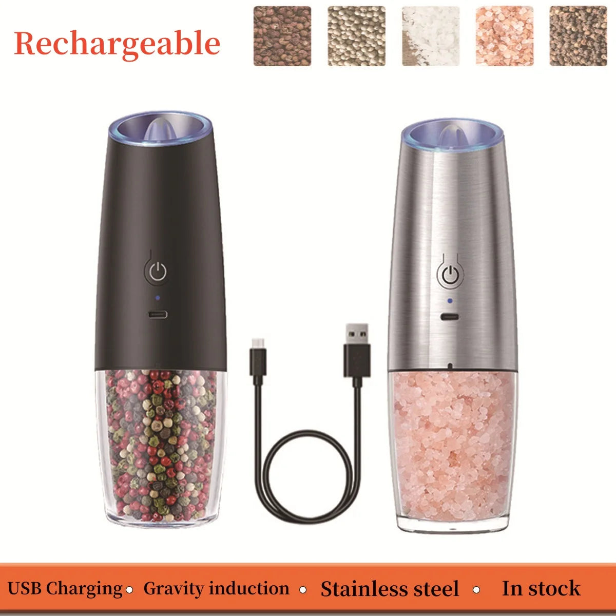 Gravity Induction Electric Salt and Pepper Grinder Set - USB Rechargeable Spice Shakers for Effortless Seasoning