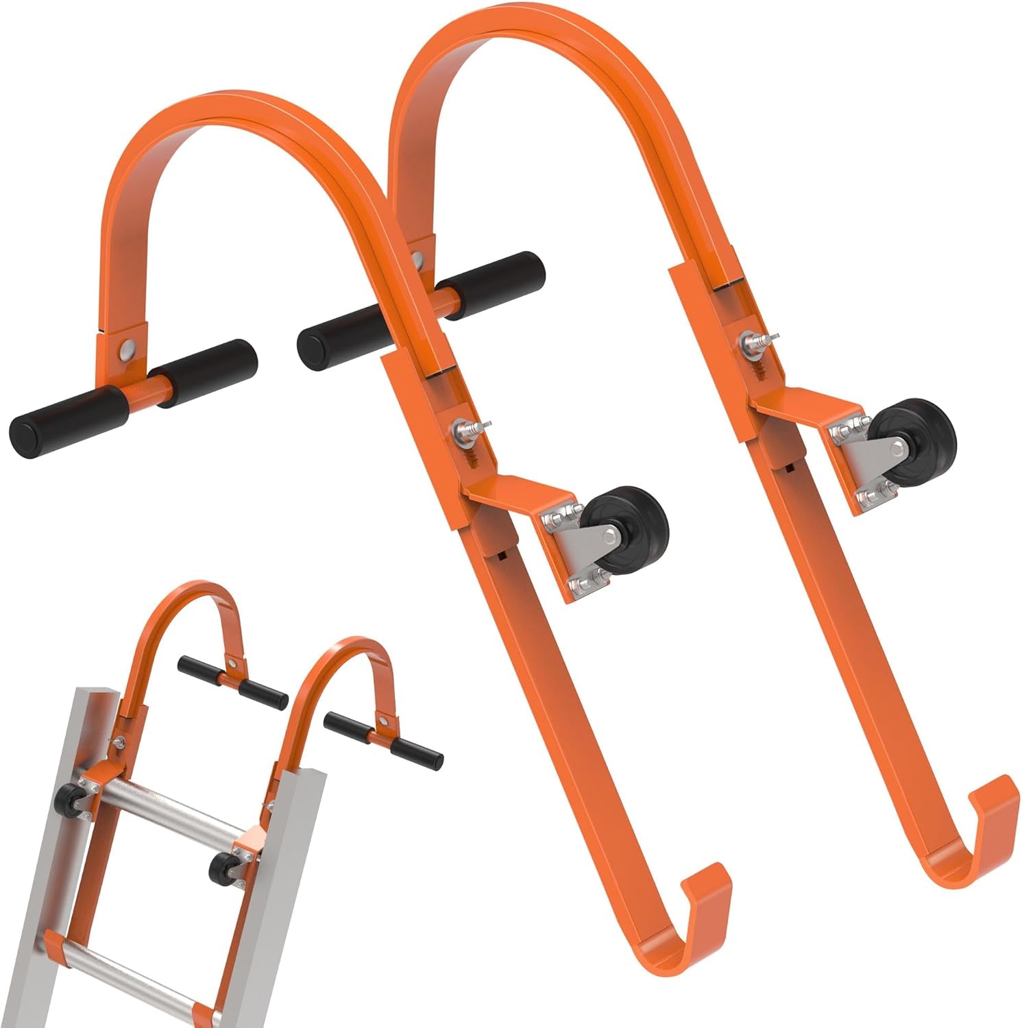2 Pack Heavy Duty Steel Ladder Roof Hook with Wheel - Ultimate Stabilizer for Safe Access to Steep Roofs, 500 Lbs Weight Rating, Rubber Grip T-Bar for Damage Prevention, Easy Installation (Patent)