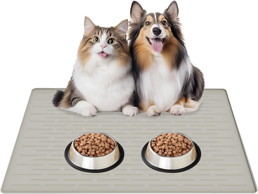 Large 32"X24" Waterproof Silicone Pet Feeding Mat - Non-Slip Dog & Cat Bowl Mat, Durable Spill Protector, Easy to Clean in Beige Gray