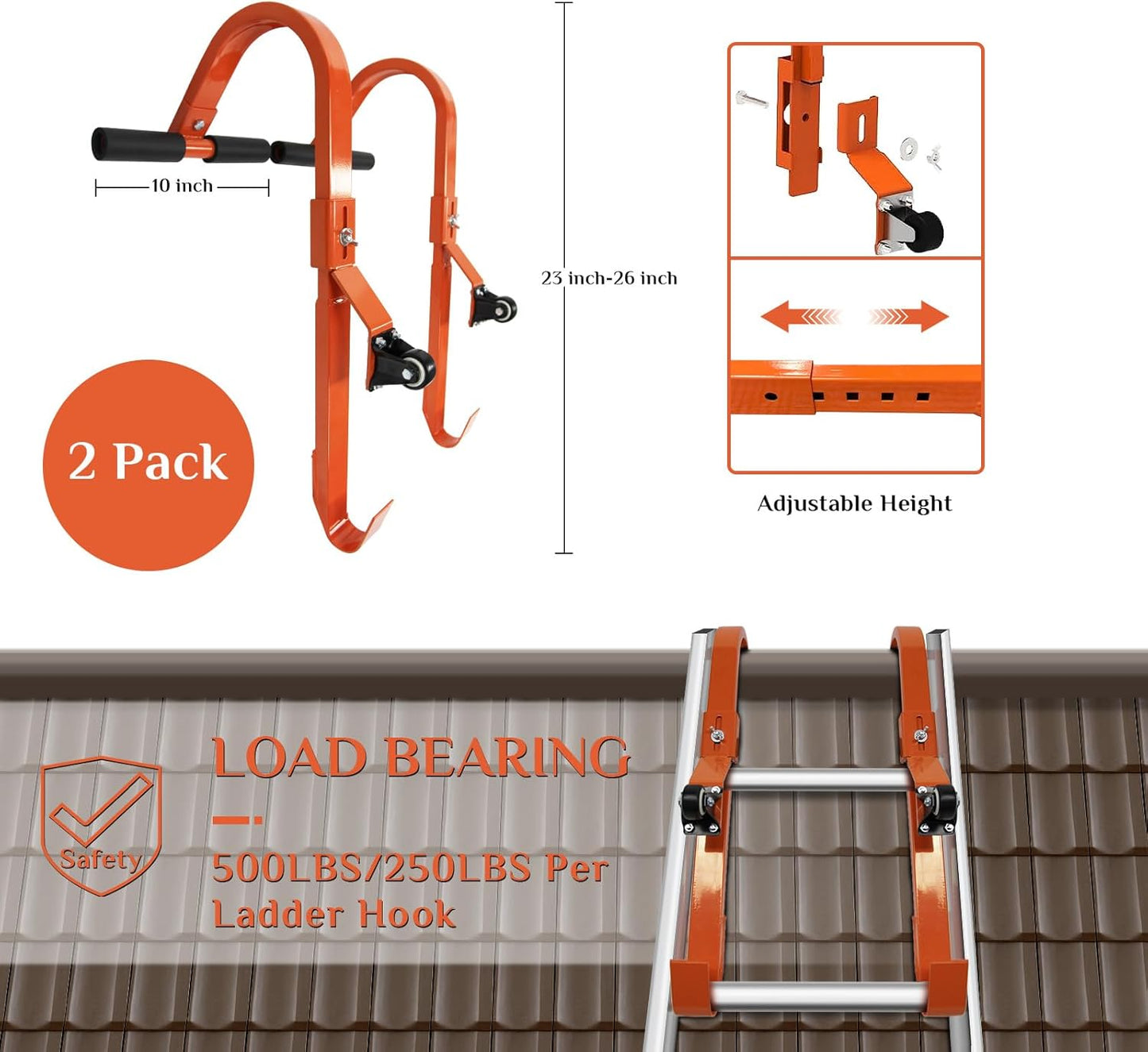 Heavy-Duty 2 Pack Roof Ladder Hooks - 26"x10" Stabilizers with 500 lbs Capacity & Wheels for Safe, Easy Access