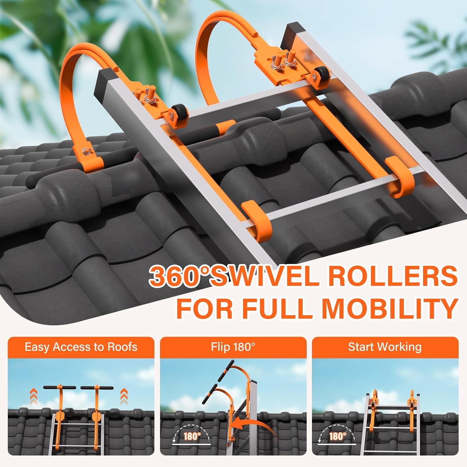 Heavy Duty Ladder Hooks for Roof Stabilization - 2 Pack with Wheels & T-Bar Rubber Grip for Safe, Easy Access to Steep Roofs