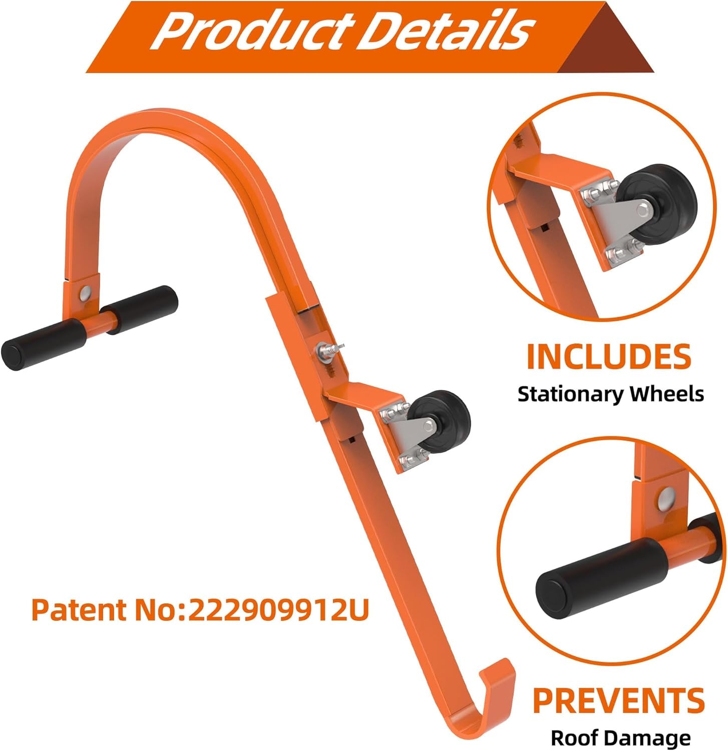 2 Pack Heavy Duty Steel Ladder Roof Hook with Wheel - Ultimate Stabilizer for Safe Access to Steep Roofs, 500 Lbs Weight Rating, Rubber Grip T-Bar for Damage Prevention, Easy Installation (Patent)