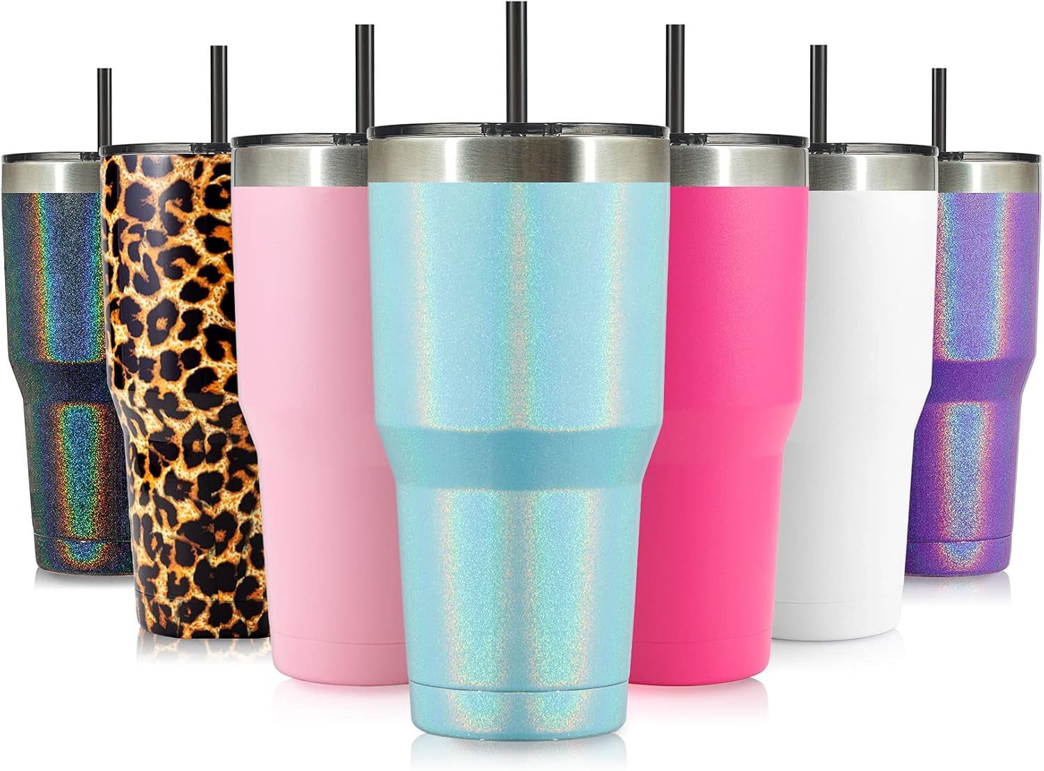 30Oz Insulated Tumbler with Lid and Straws, Stainless Steel Double Vacuum Coffee Tumbler Cup, Powder Coated Travel Mug for Home, Office, Travel, Party (Glitter Teal 1 Pack)