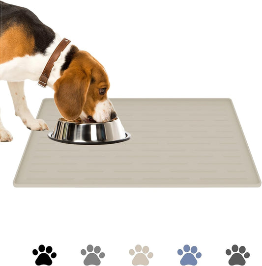 Non-Slip Waterproof Silicone Dog Food Mat with Raised Edges - 18x12 Inch Easy-Clean Pet Feeding Mat for Cats and Dogs in Beige Gray