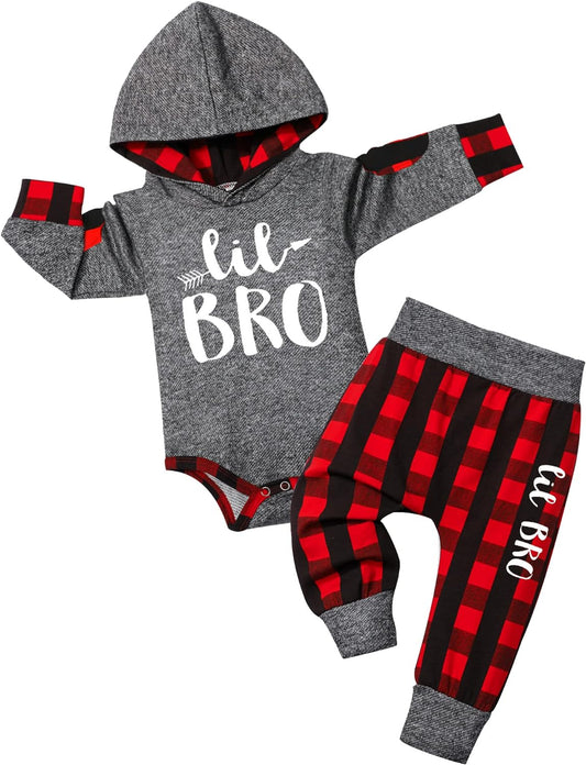 Adorable Newborn Baby Boy Plaid Hoodie & Long Pants 2-Piece Fall/Winter Outfit Set