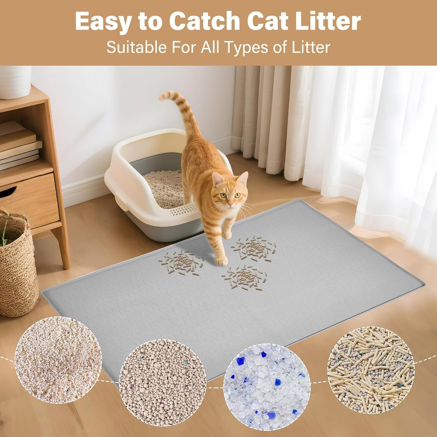 Extra Large Cat Litter Mat - 34"X22" Waterproof & Non-Slip Silicone Pad with Raised Edges for Easy Cleanup - Ideal for Litter Boxes & Urine Protection (Grey)