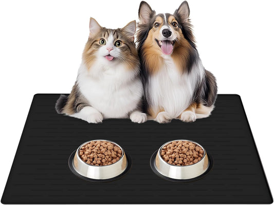Large Waterproof Silicone Pet Feeding Mat - 32"X24", Non-Slip Durable Floor Protector for Dogs & Cats, Easy to Clean, Prevents Spills, Stylish Black
