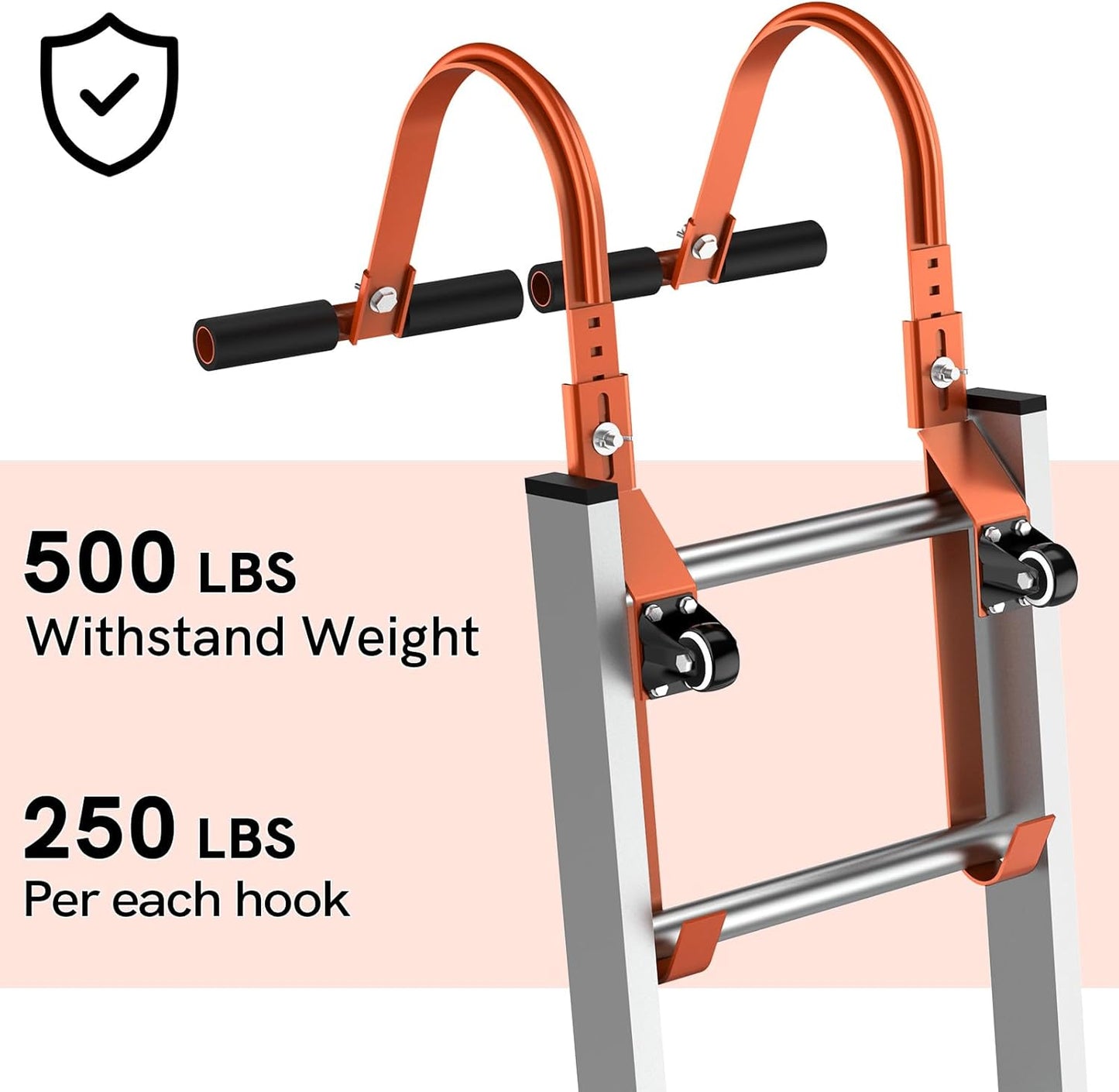 Ultimate 2-Pack Heavy Duty Ladder Roof Hooks with Wheels - 500 Lbs Load Bearing Stabilizer with Rubber Grip T-Bar (Orange)