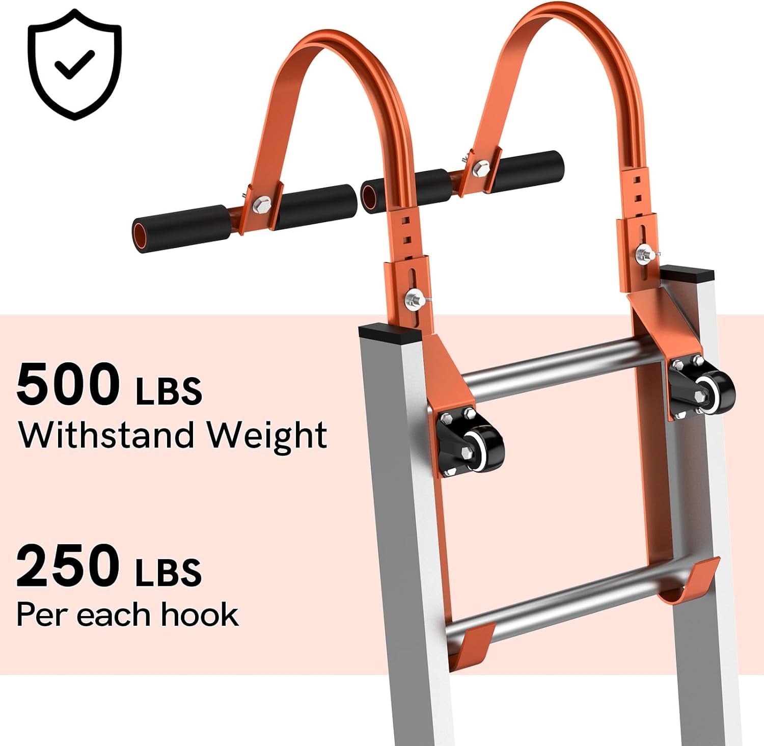 Ultimate 2-Pack Heavy Duty Ladder Roof Hooks with Wheels - 500 Lbs Load Bearing Stabilizer with Rubber Grip T-Bar (Orange)