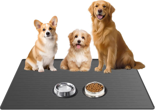 Extra Large Waterproof Silicone Pet Feeding Mat for Dogs and Cats - Non-Slip Design with Raised Edges, 39.5x29.5 Inch, Dark Gray, Perfect for All Pet Sizes