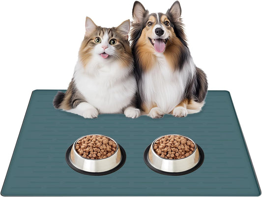 Extra Large Waterproof Silicone Pet Feeding Mat - Non-Slip Dog & Cat Bowl Protector, Easy to Clean, Fog Green 32"x24