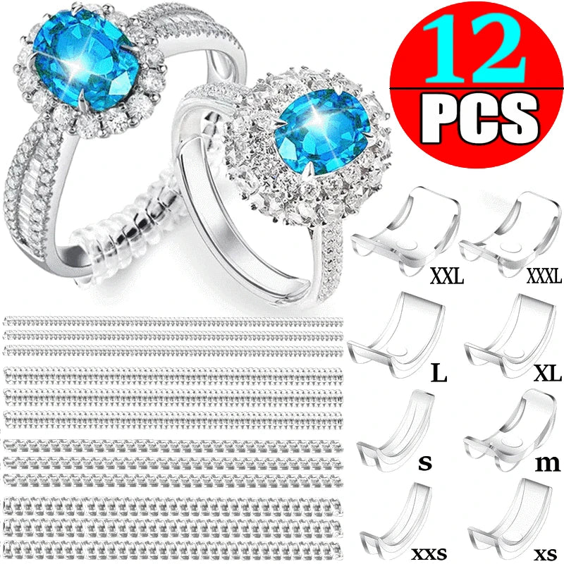 12PCS Silicone Invisible Ring Size Resizer - 8 Sizes Adjustable Clear Tighteners for Perfect Fit