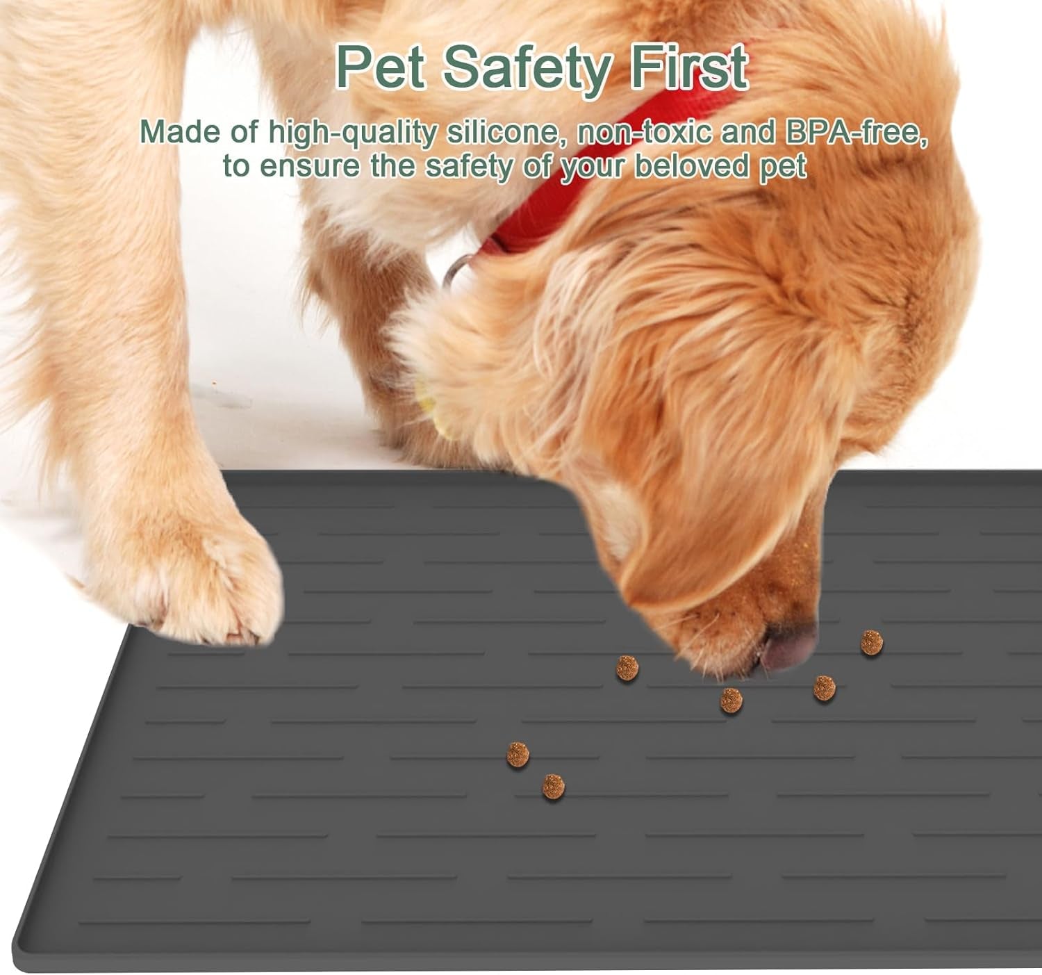 Non-Slip Waterproof Silicone Dog Food Mat with Raised Edges - 18x12 Inch Easy-Clean Pet Feeding Mat for Cats and Dogs in Beige Gray