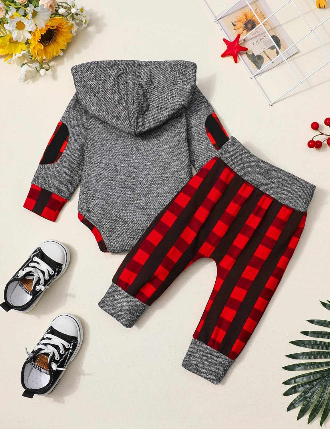 Adorable Newborn Baby Boy Plaid Hoodie & Long Pants 2-Piece Fall/Winter Outfit Set