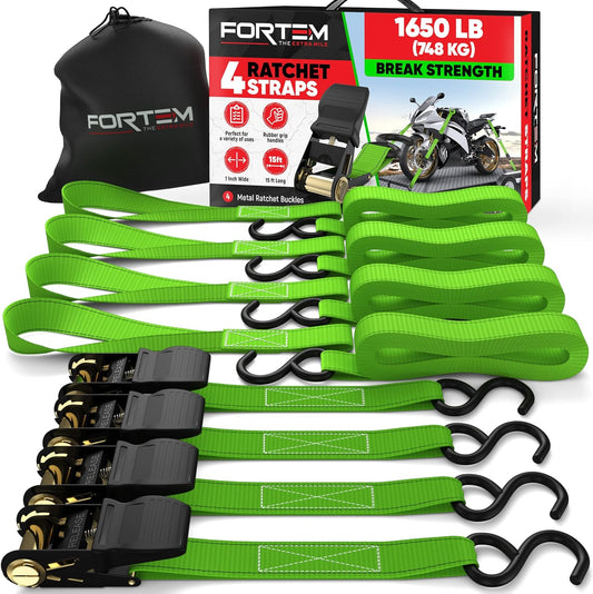 Ratchet Straps, 1650Lb Break Strength, 4 Pack 15Ft X 1In Tie down Strap Set, 4 Soft Loops, Motorcycle Straps Tie Downs, Cargo Cam Buckles for Trucks, Rubber Handles, Carry Bag