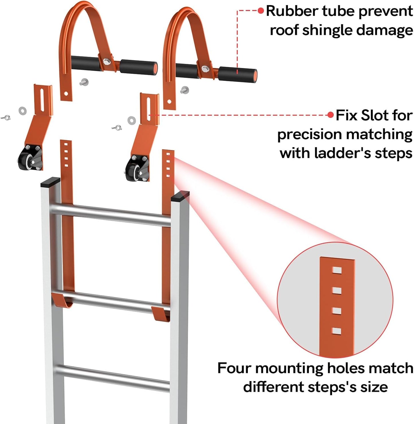 Ultimate 2-Pack Heavy Duty Ladder Roof Hooks with Wheels - 500 Lbs Load Bearing Stabilizer with Rubber Grip T-Bar (Orange)