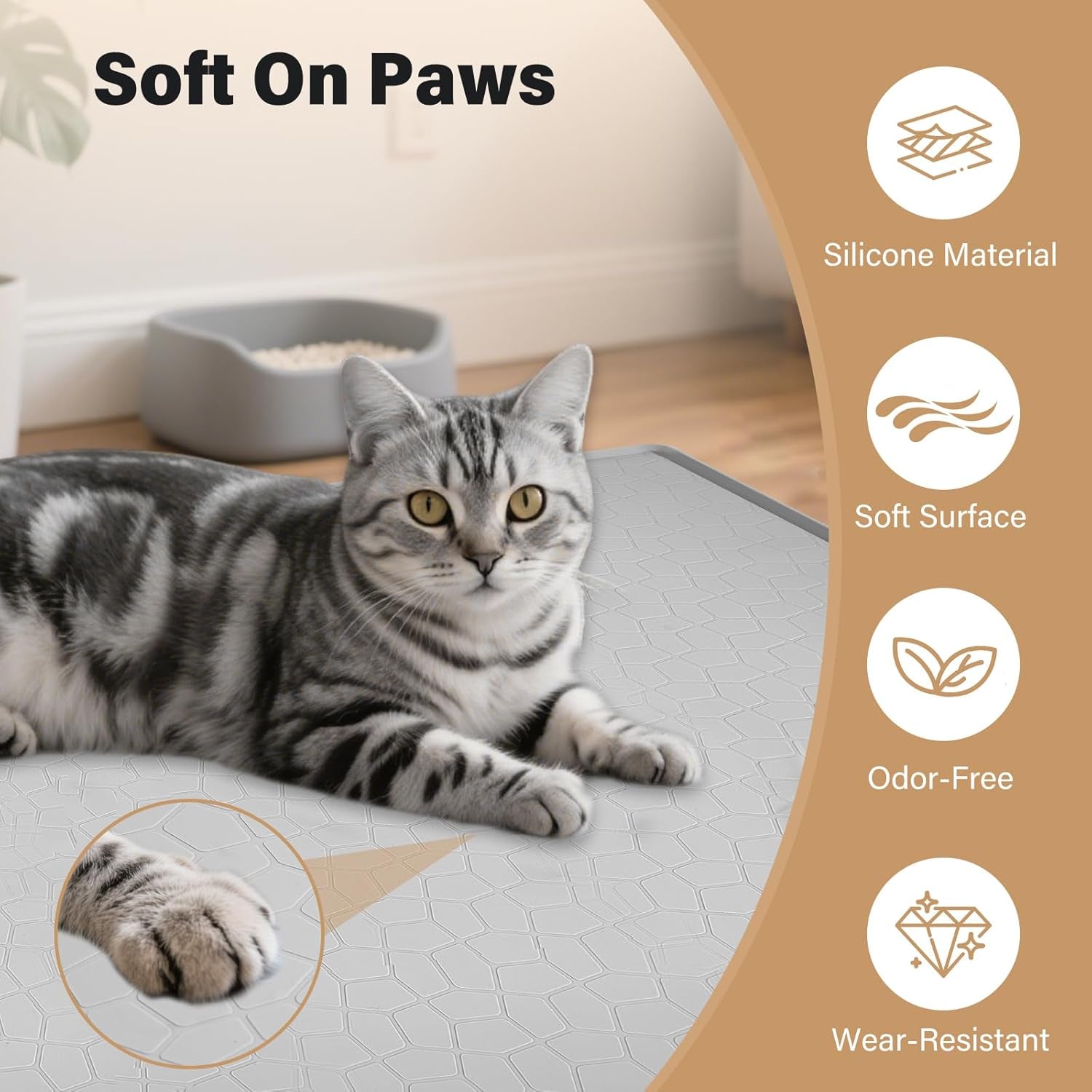 Extra Large Cat Litter Mat - 34"X22" Waterproof & Non-Slip Silicone Pad with Raised Edges for Easy Cleanup - Ideal for Litter Boxes & Urine Protection (Grey)