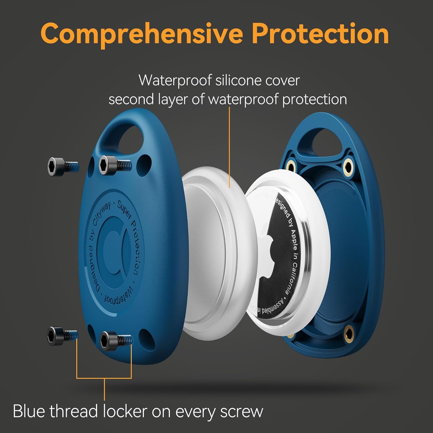 (4 Pack) for Airtag Keychain Holder Case | IPX8 Waterproof, Ultra-Compact | Portable Air Tag Holder Cover for Backpack, Keys, Luggage - 2 Black/2 Blue