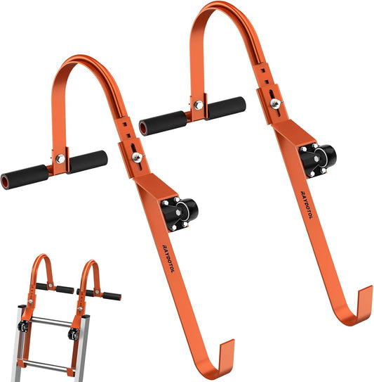 Ultimate 2-Pack Heavy Duty Ladder Roof Hooks with Wheels - 500 Lbs Load Bearing Stabilizer with Rubber Grip T-Bar (Orange)