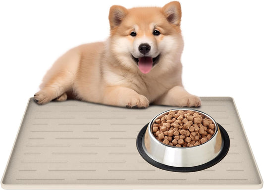 Waterproof Silicone Pet Feeding Mat for Dogs & Cats - 16" x 10" Non-Slip Design with Raised Edges to Contain Spills, Easy to Clean, Beige Gray