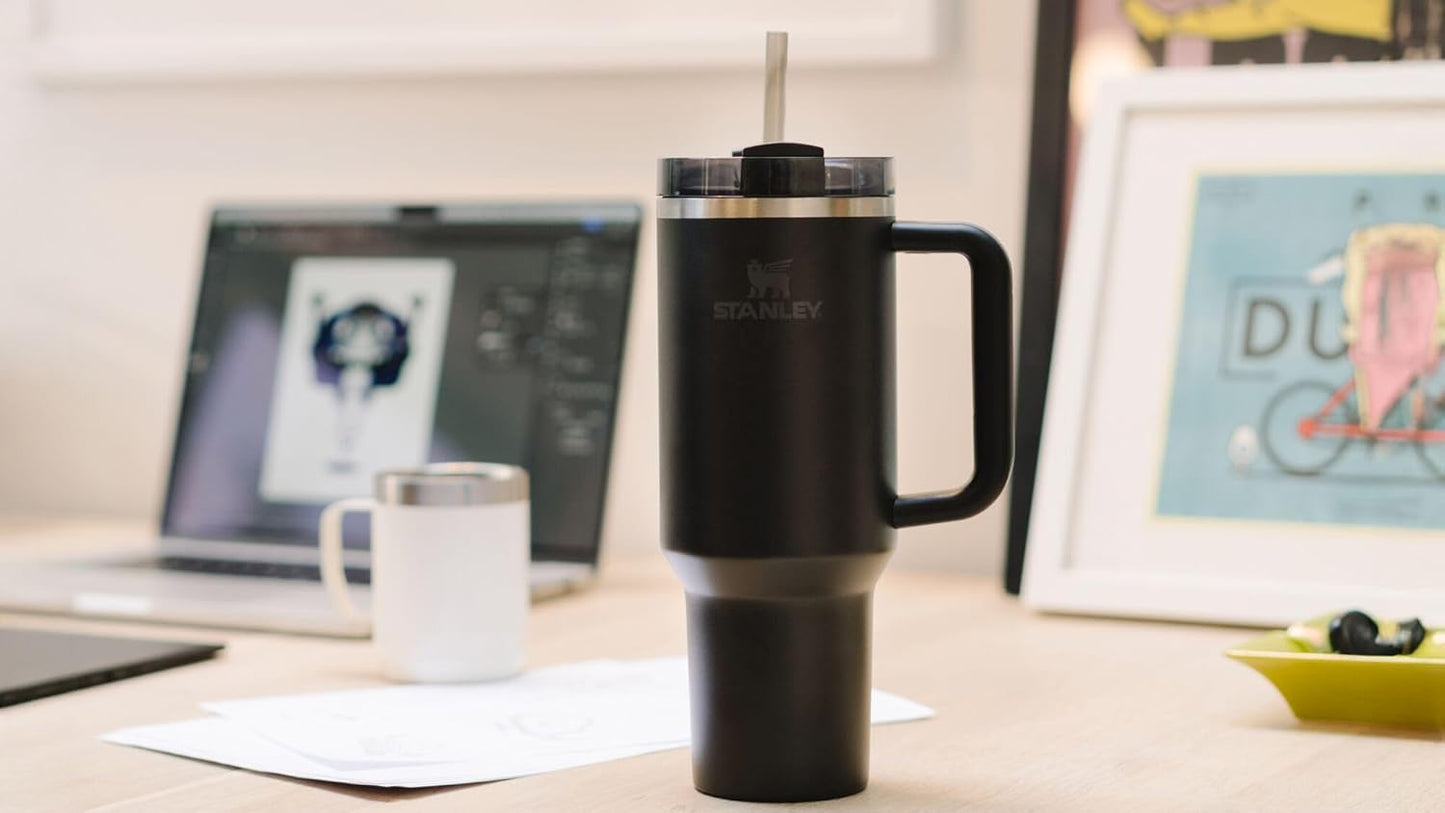 Quencher H2.0 40 Oz Tumbler with Handle & Straw - Insulated Stainless Steel, BPA-Free, Travel-Friendly, Black 2.0