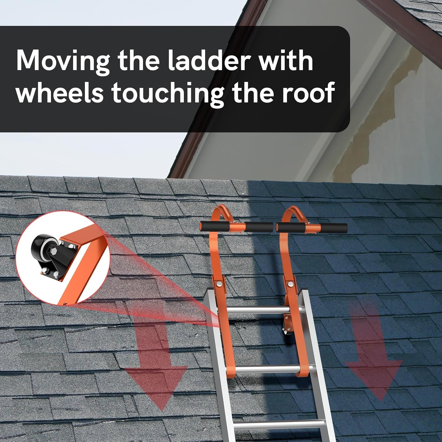 Ultimate 2-Pack Heavy Duty Ladder Roof Hooks with Wheels - 500 Lbs Load Bearing Stabilizer with Rubber Grip T-Bar (Orange)