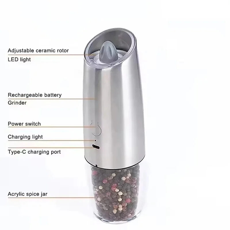 Gravity Induction Electric Salt and Pepper Grinder Set - USB Rechargeable Spice Shakers for Effortless Seasoning