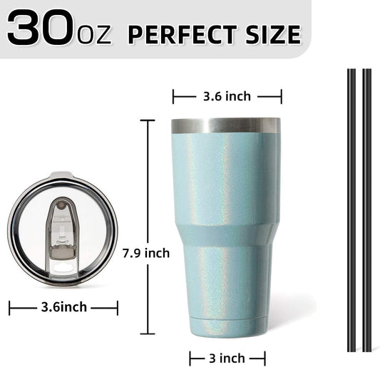 30Oz Insulated Tumbler with Lid and Straws, Stainless Steel Double Vacuum Coffee Tumbler Cup, Powder Coated Travel Mug for Home, Office, Travel, Party (Glitter Teal 1 Pack)