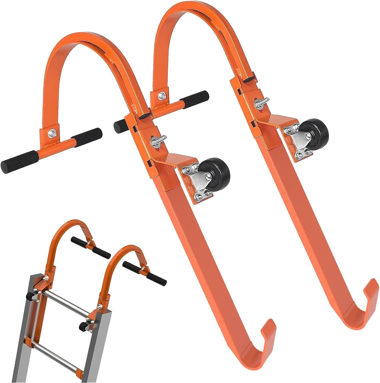 2 Pack Heavy Duty Steel Ladder Roof Hook with Wheel - Ultimate Stabilizer for Safe Access to Steep Roofs, 500 Lbs Weight Rating, Rubber Grip T-Bar for Damage Prevention, Easy Installation (Patent)